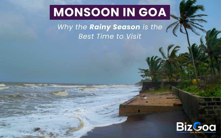 Lush green landscape in Goa during monsoon with misty hills, waterfalls, and scenic village roads surrounded by palm trees