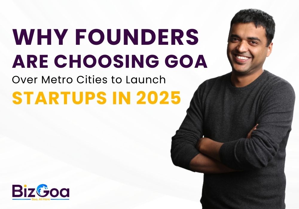Entrepreneur working in Goa’s vibrant startup ecosystem with beach and co-working space in the background
